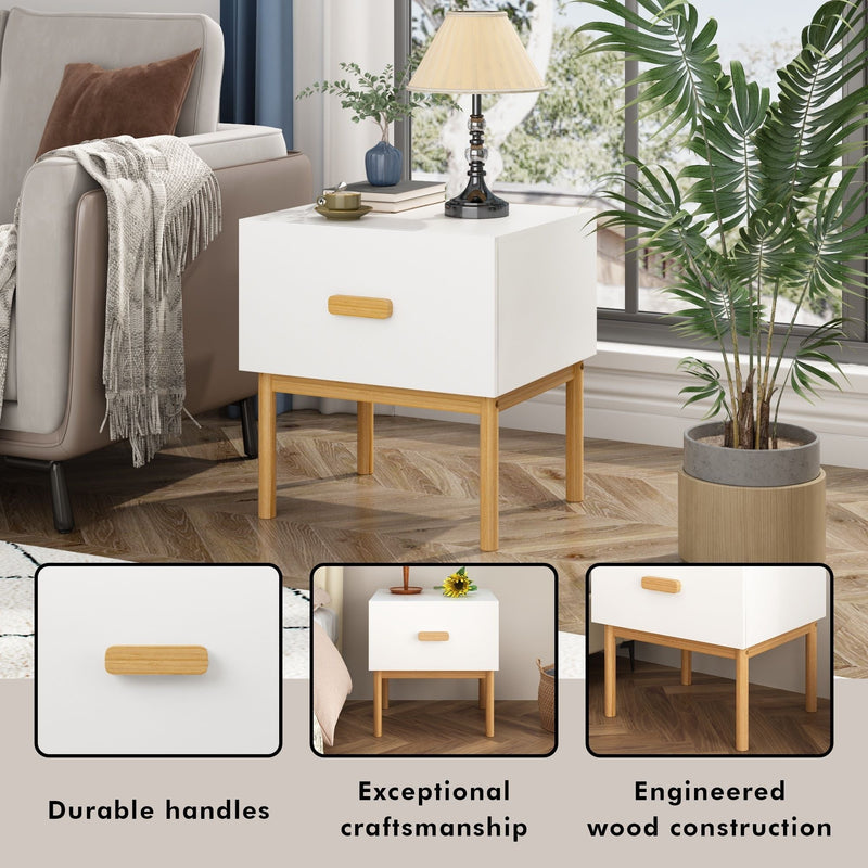 Nightstand With Drawer, Minimalist Bedside Table With Handle For Bedroom - White