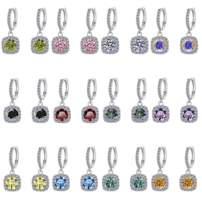 S925 Emerald Green Moissanite  or CZ Square Halo Earrings with Pavé-Set Halo & Hoop, 1ct D-Grade VVS1 Round Moissanite with GAR certification, Sterling Silver Earrings