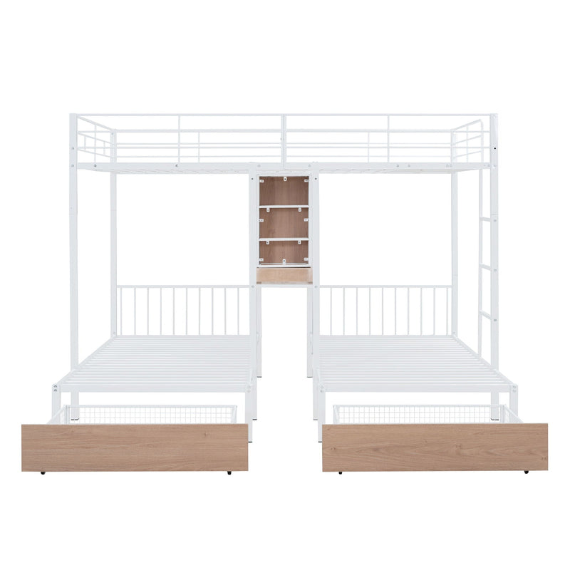 Triple Bunk Bed With Drawers, Multi-Functional Frame With Desks And Shelves In The Middle