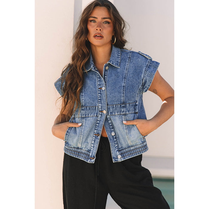 Denim Women's Single-breasted Lapel Short Sleeve Vest Coat
