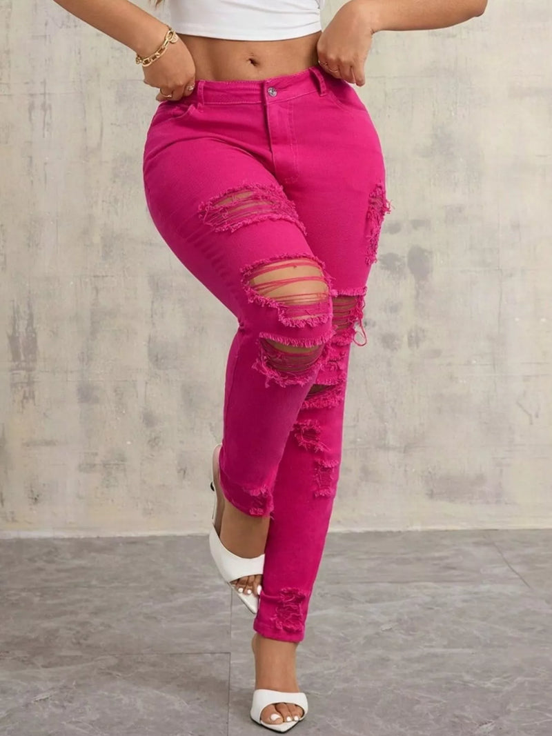 Fuchsia Fierce Distressed High-Waisted Skinny Jeans