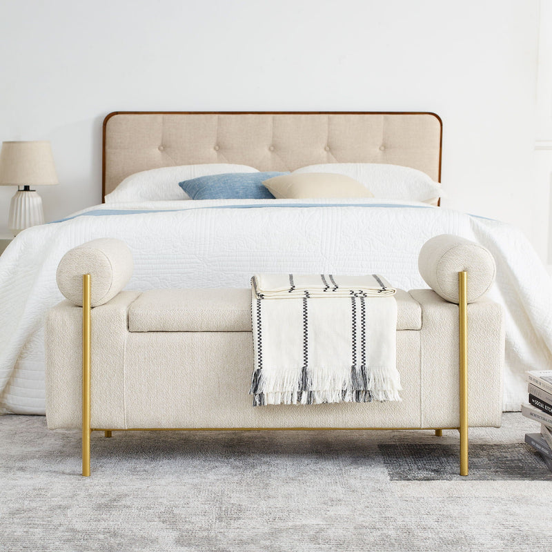 Elegant Upholstered Storage Bench With Cylindrical Arms And Iron Legs,
