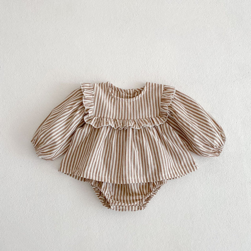 Cotton Baby Ruffle Collar Striped Long Sleeved Skirt Bread Pants Set