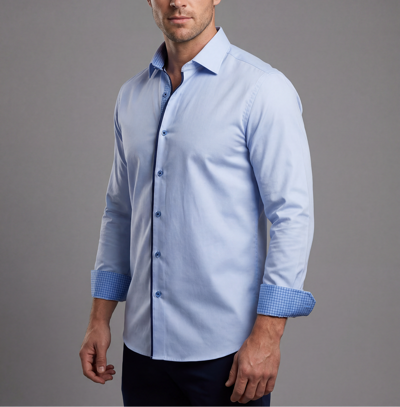 Levy// Cotton Knit-Stretch Button-Up Shirt With Contrast Details // Blue // Tailored Fit (Fitted)
