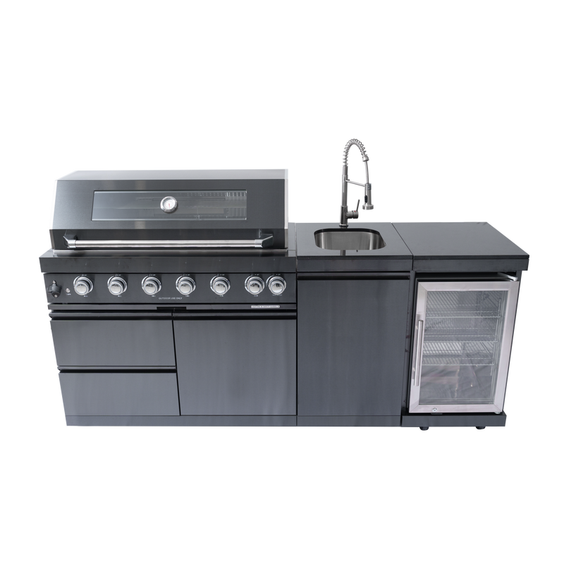 NG 85" 6-Burner 85,000 BTU Black Outdoor Kitchen Island Grill Refrigerator + Rotisserie Kit + Sink
