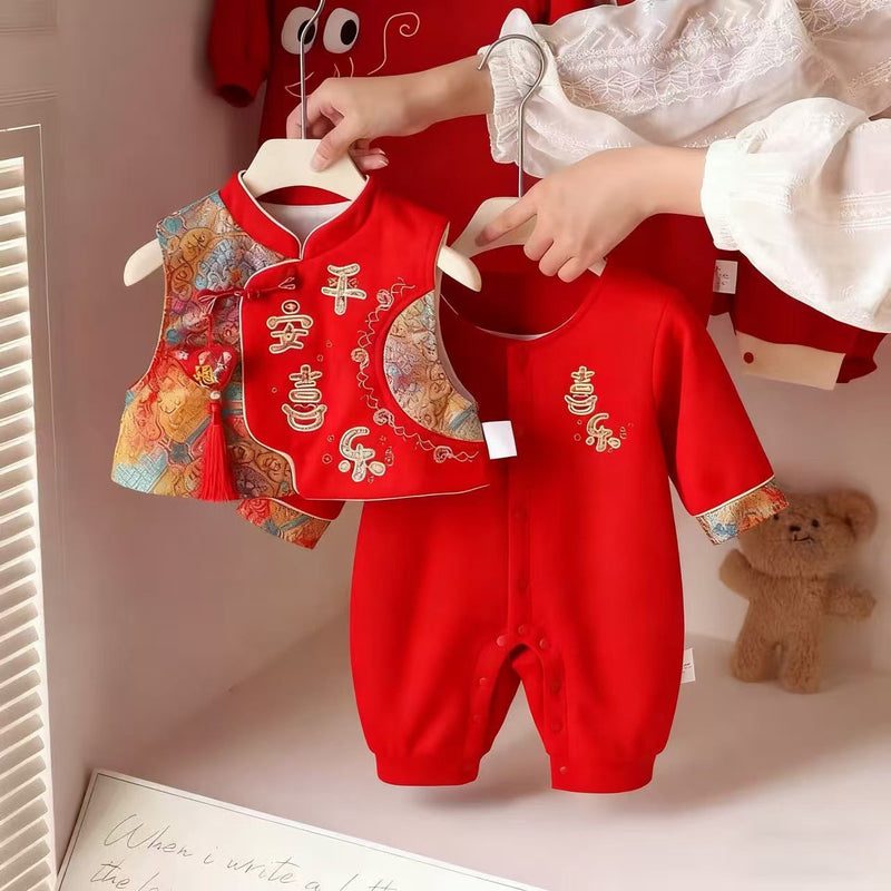 AutumnWinter Red Festive Fleece-Lined Warm RomperCrawling Suit