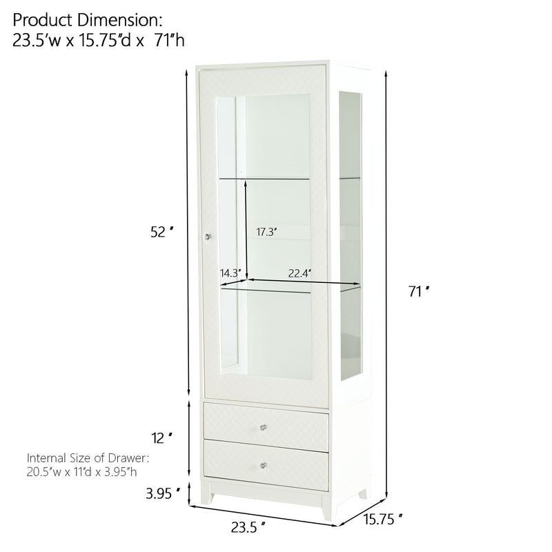 Modern Upholstered Glass Display Cabinet With Adjustable LED Light - White