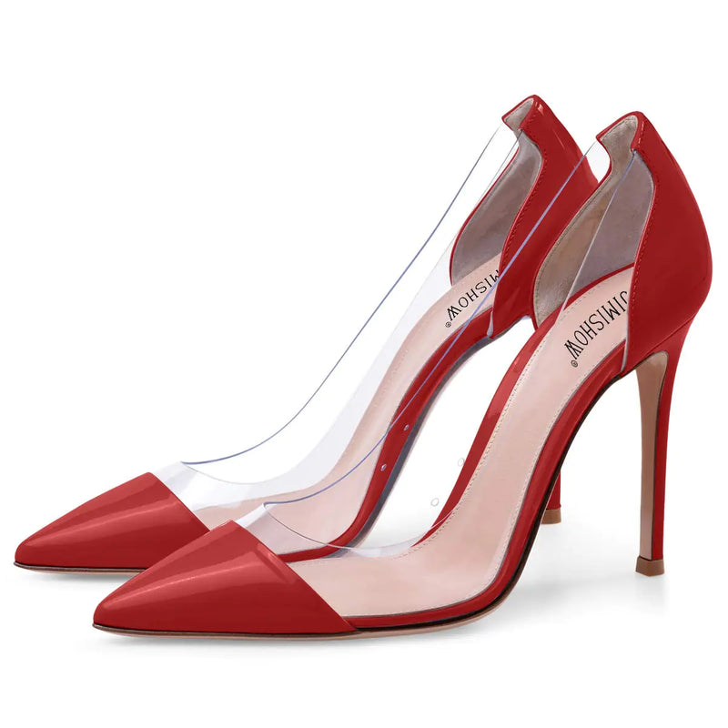 Jimishow Womens Transparent Clear Pumps Red Slip On Sexy Pointed Toe Stiletto High Heels 4" Inch Heel PVC Perspex Bridal Evening Party Wedding Dress Shoes Size 5-13 US
