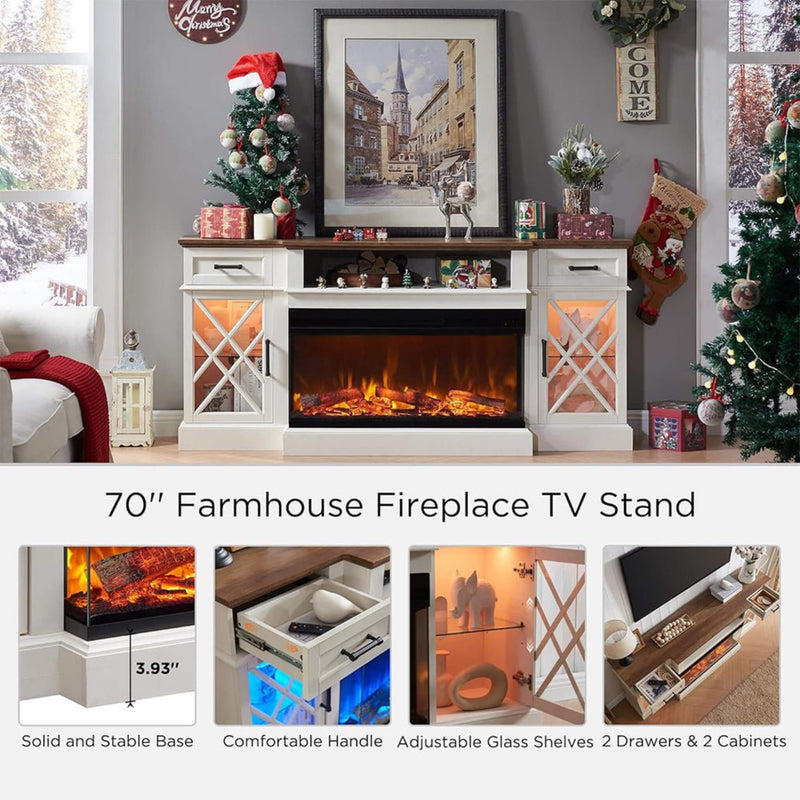 Electric Fireplace TV Stand With Glass Door Storage Cabinet, 70" (SAK58627)