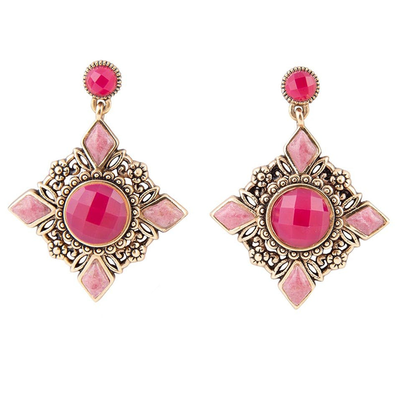 Embellished Pink Quartz Golden Post Drop Earrings
