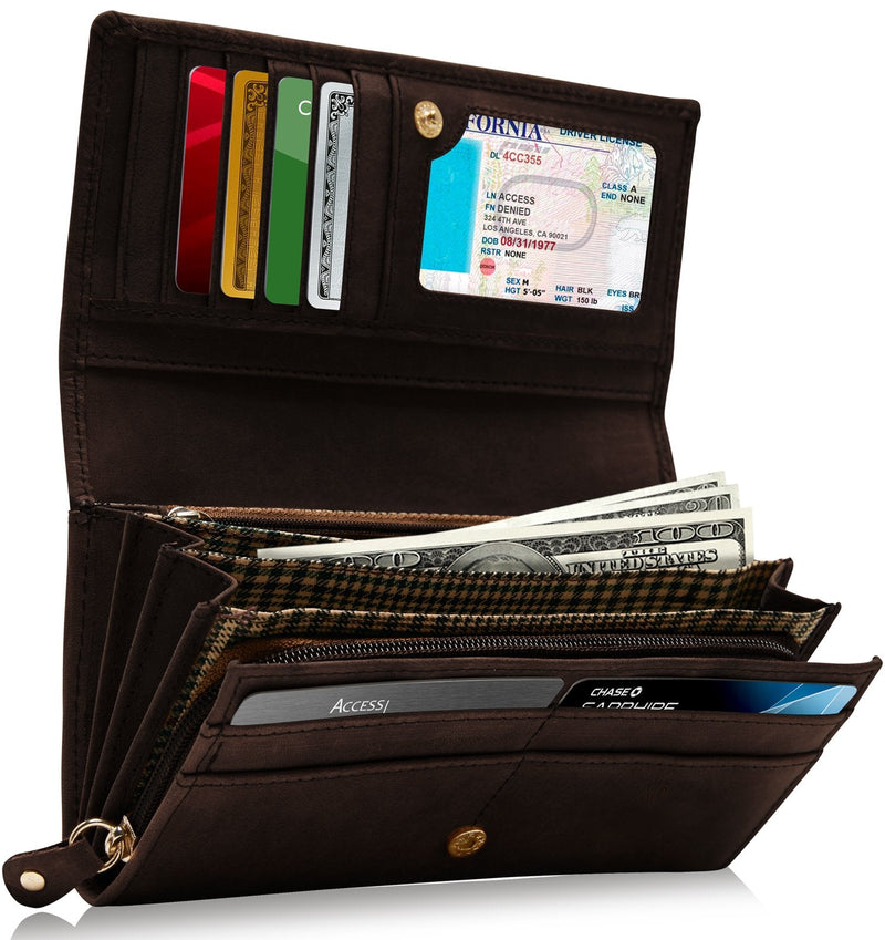 Genuine Leather Floral Accordion Wallet – Zip Pockets, RFID Blocking