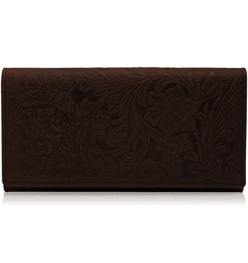 Genuine Leather Floral Accordion Wallet – Zip Pockets, RFID Blocking