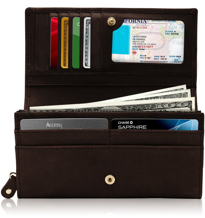 Genuine Leather Floral Accordion Wallet – Zip Pockets, RFID Blocking