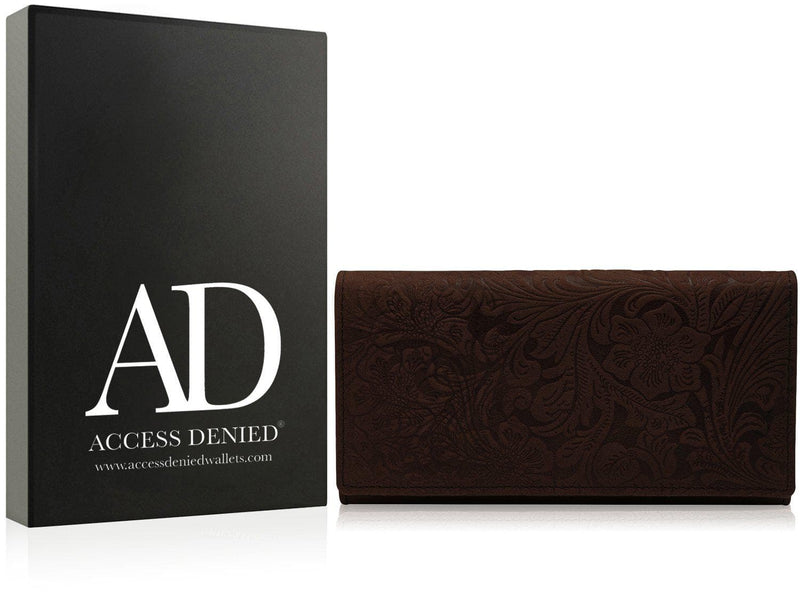 Genuine Leather Floral Accordion Wallet – Zip Pockets, RFID Blocking