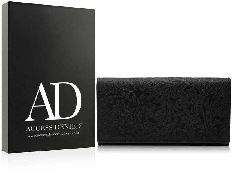 Genuine Leather Floral Accordion Wallet – Zip Pockets, RFID Blocking
