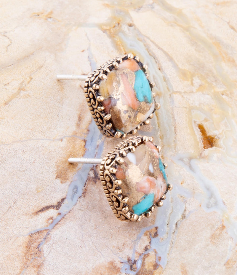 Empire Blue Turquoise and Orange Spiny Matrix Golden Stud Earrings