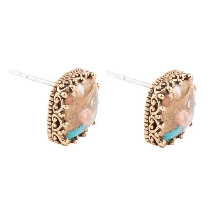 Empire Blue Turquoise and Orange Spiny Matrix Golden Stud Earrings