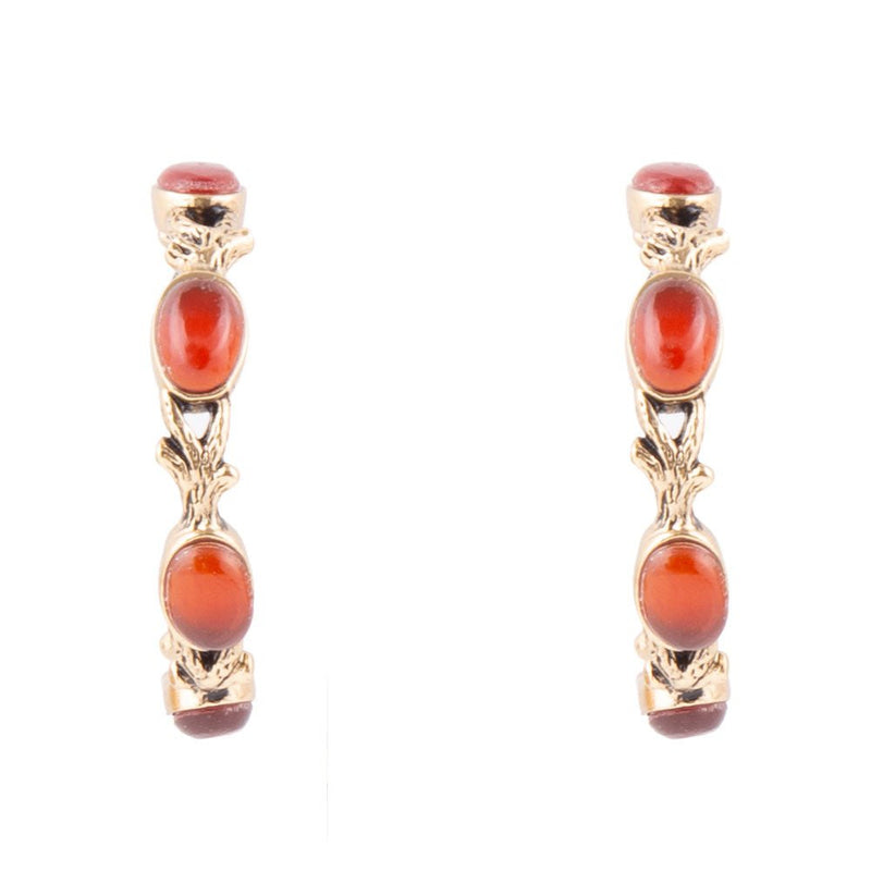 Enchanted Leaves Orange Amber Carnelian Golden Hoop Earrings