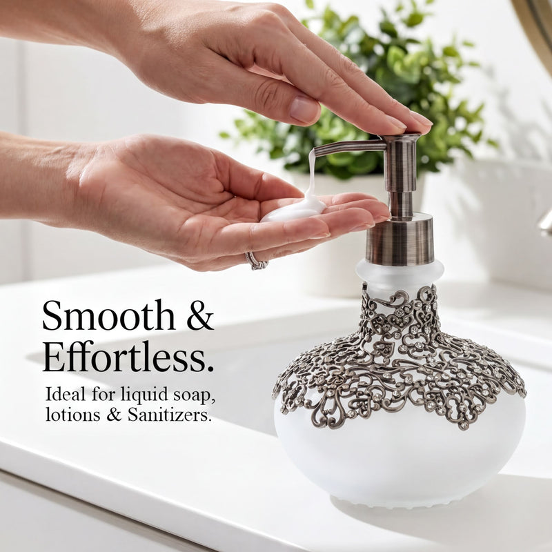 Soap Dispenser – Elegant Frosted Glass Bathroom Accessory with Pewter Finish & Rhinestones