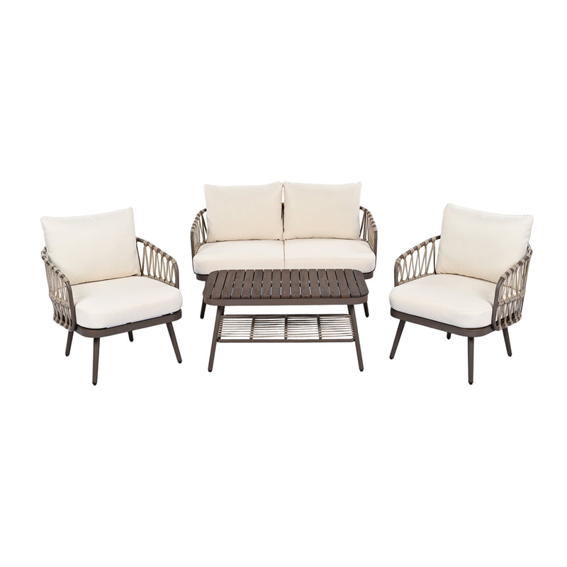4-Piece Outdoor Patio Furniture Set with Metal Frame and Woven Rope