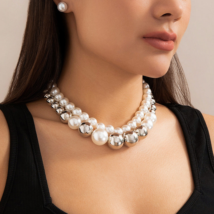 Exaggerated Big Pearl Chunky Heart CCB Round Ball Bead Chain Punk Choker Necklace