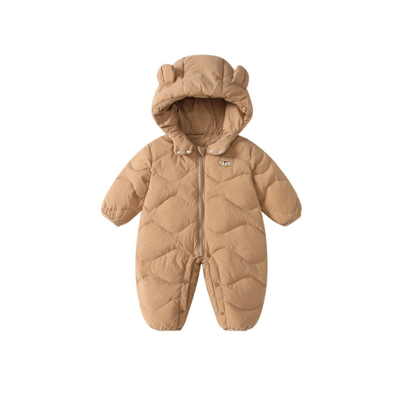 Baby Solid Color Cartoon Print Hooded Down Jumpsuit
