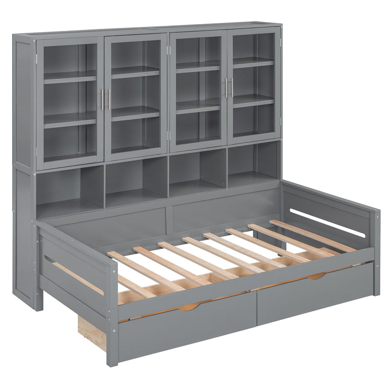 Daybed With Glass Door Storage Cabinets, Built In LED Lighting And Shelves
