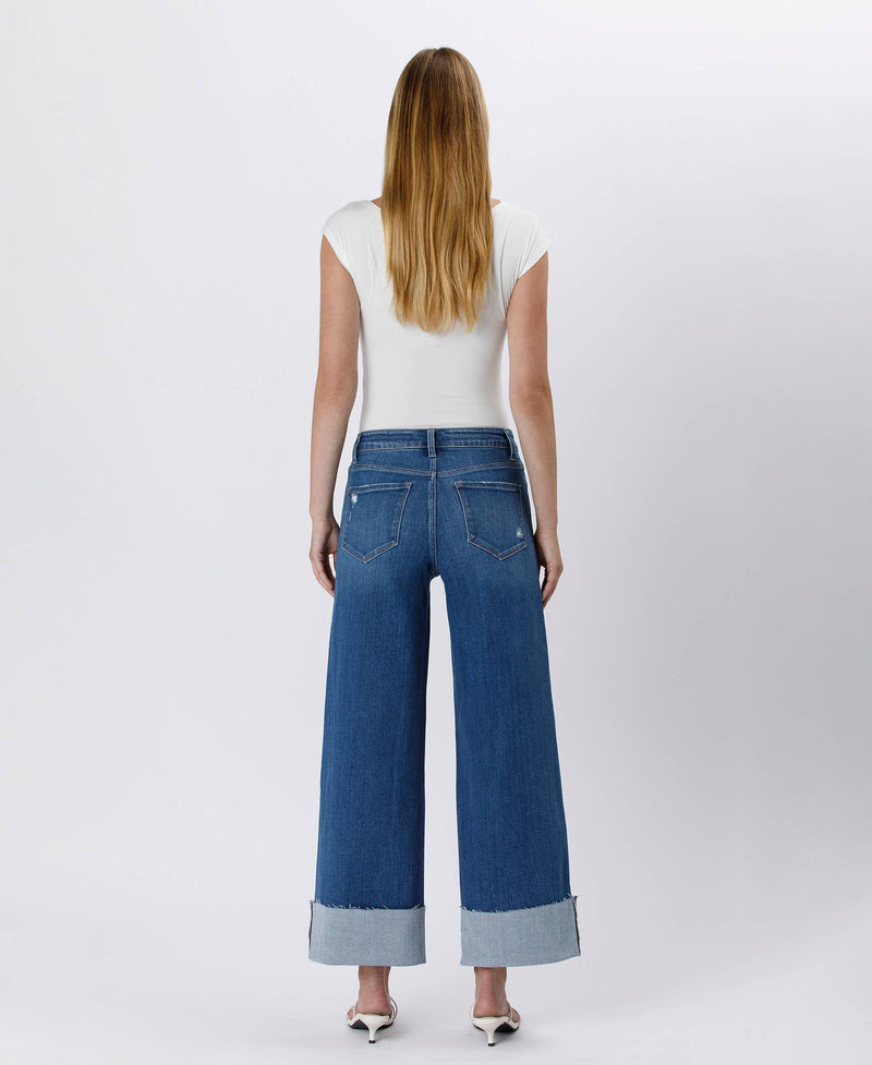 High Rise Cuffed Ankle Wide Leg Jeans