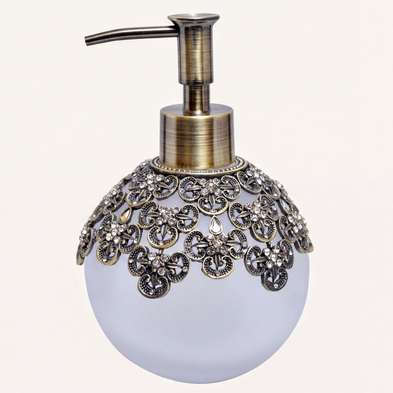 Soap Dispenser – Elegant Frosted Glass, Pewter & Rhinestone Decorative Pump