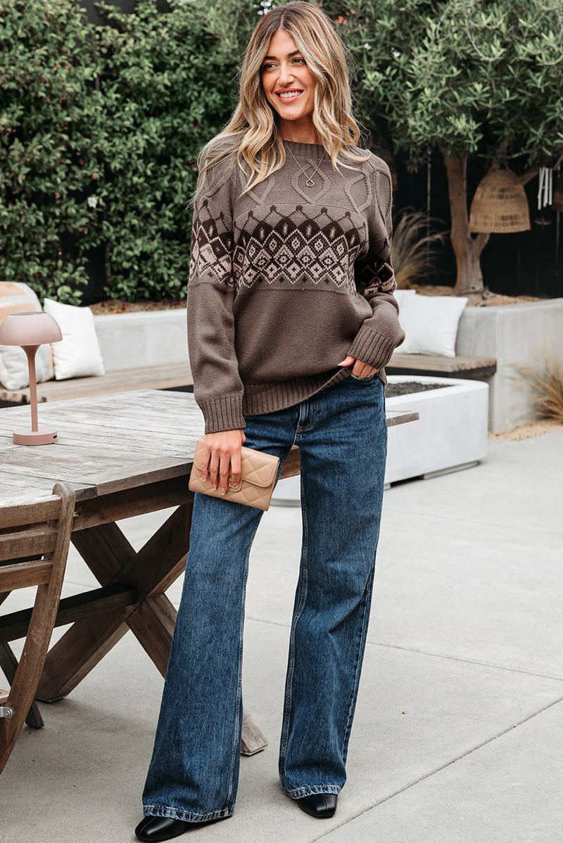 Alana Western Geometric Patterned Crew Neck Knitted Sweater