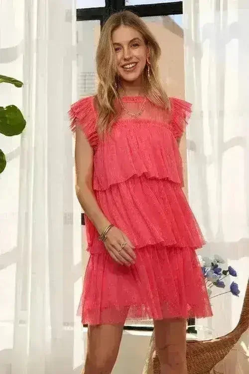 Layered Ruffle Mesh Dress | Cap Sleeve Semi-Sheer Gown -femstylo