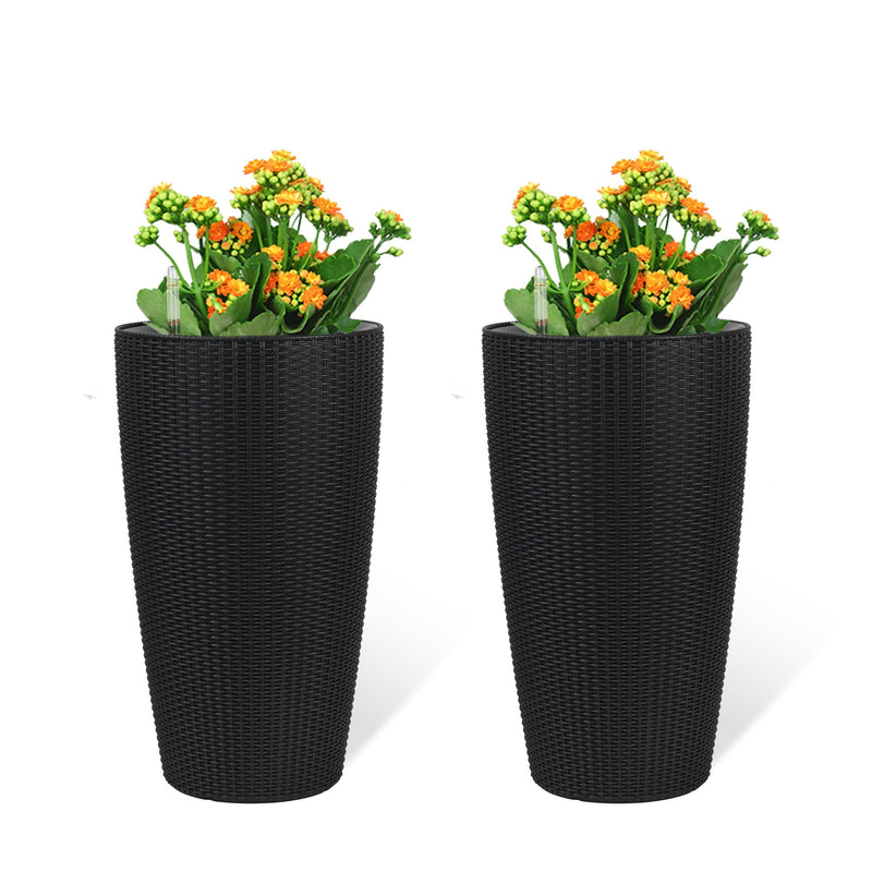 Set of 2 Faux Rattan Tall Planters with Automatic Watering System