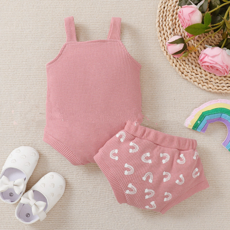 Rainbow Element Waffle Sleeveless Top And Shorts Set