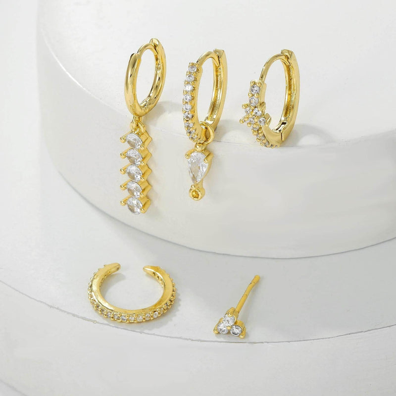 Stacking 5 Pieces Simple Clover Single-Row Serrated Ear Cuff Earring Set, 18k Gold-Plated  Teardrop Zircon Earrings, S925 Needle, Stacked Lobe Designs with Dazzling Zirconia