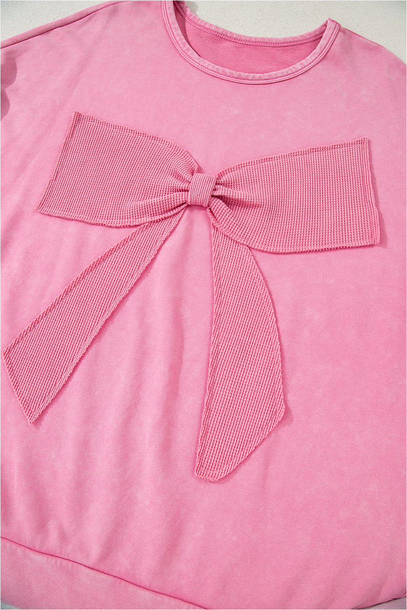 Bonbon Waffle Bowknot Patchwork Graphic Mineral Wash Plus Size Sweatshirt