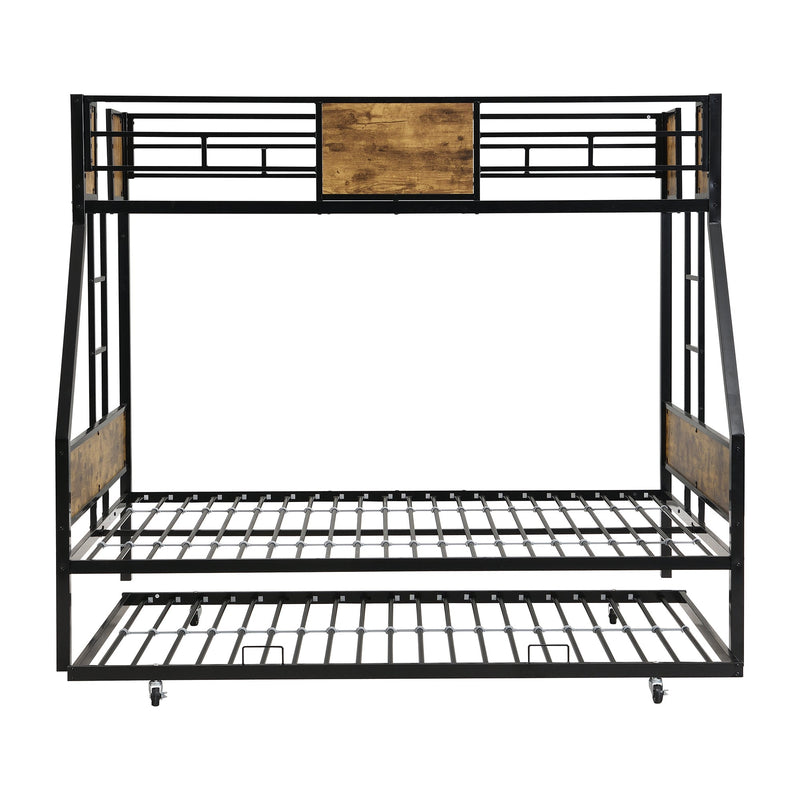 Modern Twin Over Full Metal Bunk Bed with Trundle and Dual Side Ladder, Black & Brown MDF and Metal Design, Easy Assembly