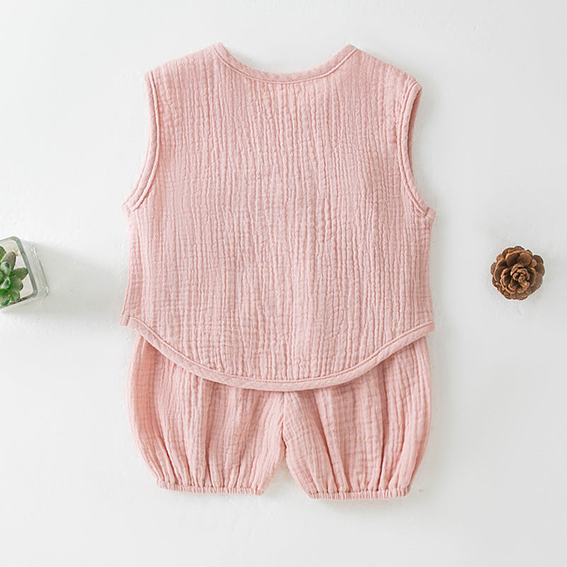 Summer Pure Cotton Yarn T-Shirt And Thin Childrens Shorts Two-Piece Set