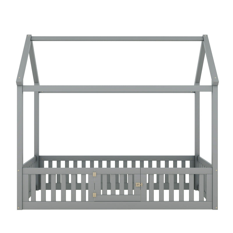 Wood House Bed With Fence And Door