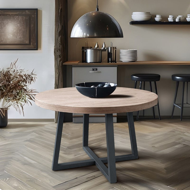 Round Dining Table With Wire Brushed Mindi Top And Mahogany Base - Wheat