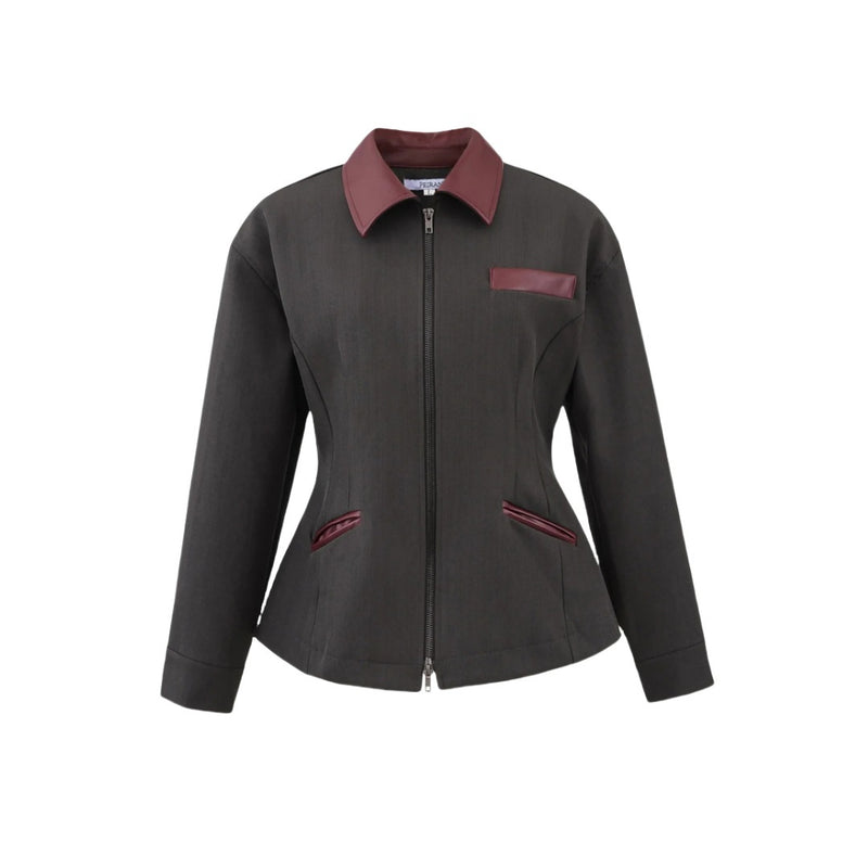 Retro Lapels Contrast Color Waist-tight Motorcycle Slim-fit Leather Coat Zipper Jacket