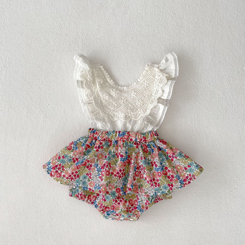 Baby Flounced Sleeve Suspender Fake Two Pieces Bottom-covering Rompers