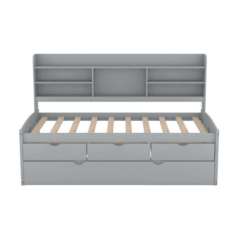 Captain Bed With Built In Bookshelves, 3 Storage Drawers, And Trundle