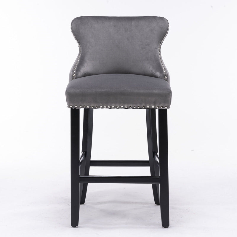 Contemporary Upholstered Wing-Back Barstools With Button Tufted Decoration And Wooden Legs, And Nailhead Trim, Leisure Style Bar Chairs, Bar Stools (Set of 2)