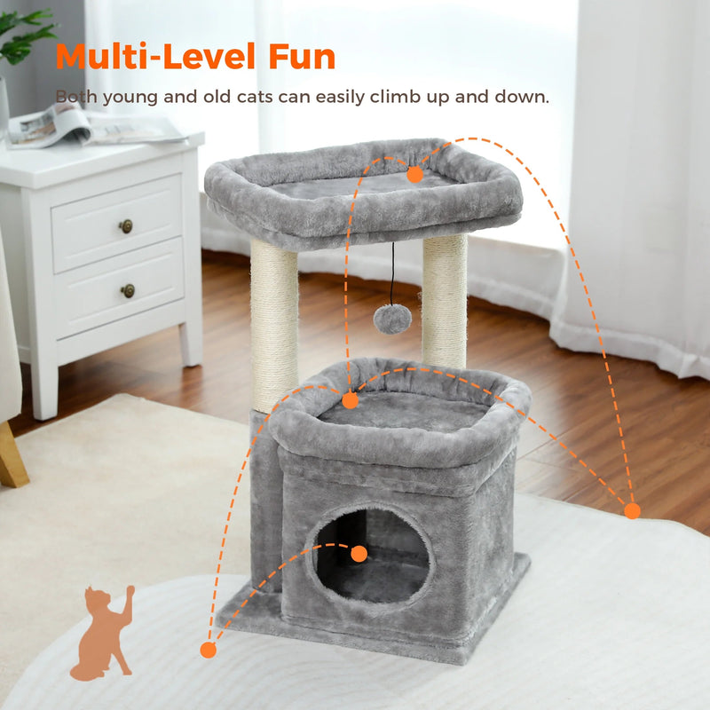 Cozy Gray Cat Tree Condo - 27" Multi-Level Tower with Spacious Perch and Scratching Posts for Kittens and Medium Cats