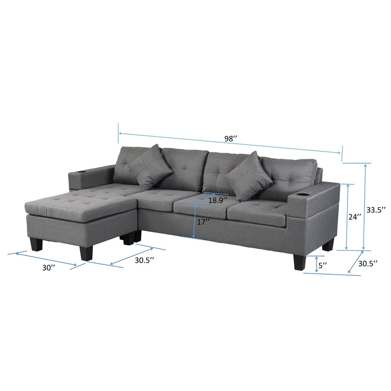 Modern Sectional Sofa Set with L Shape Chaise Lounge and Cup Holders