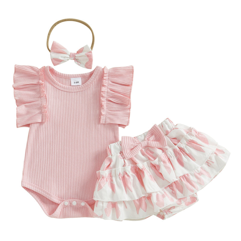 Baby And Toddler Solid Color Ruffle-Shoulder Sleeveless Romper And Printed Skirt Two-Piece Set
