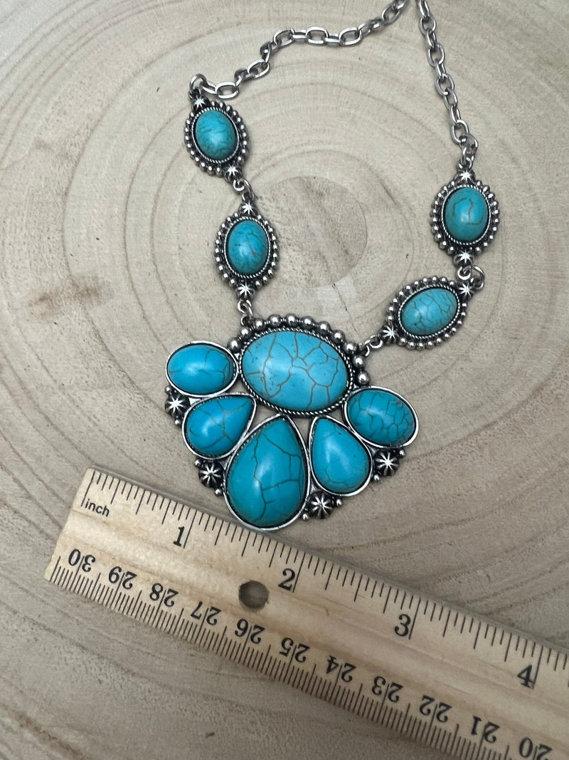 Faux Turquoise Squash Blossom and Earring Set - 18 inch necklace