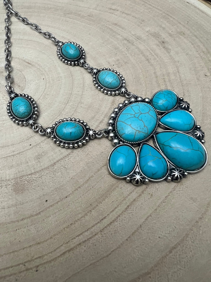 Faux Turquoise Squash Blossom and Earring Set - 18 inch necklace