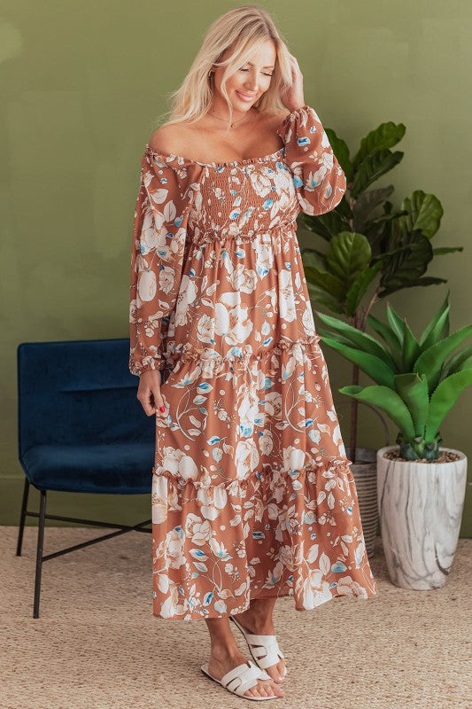 Willow Floral Shirred Square Neck High Waist Maxi