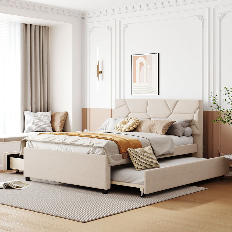 Upholstered Platform Bed With Brick Pattern Headboard And Twin Long Size Trundle